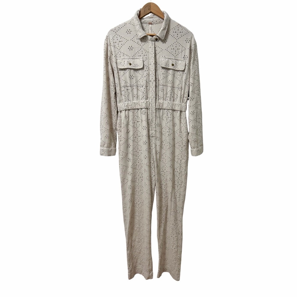 Free People Set The Tone Eyelet Jumpsuit Size 4 Cream Bohemian Boho Coveralls